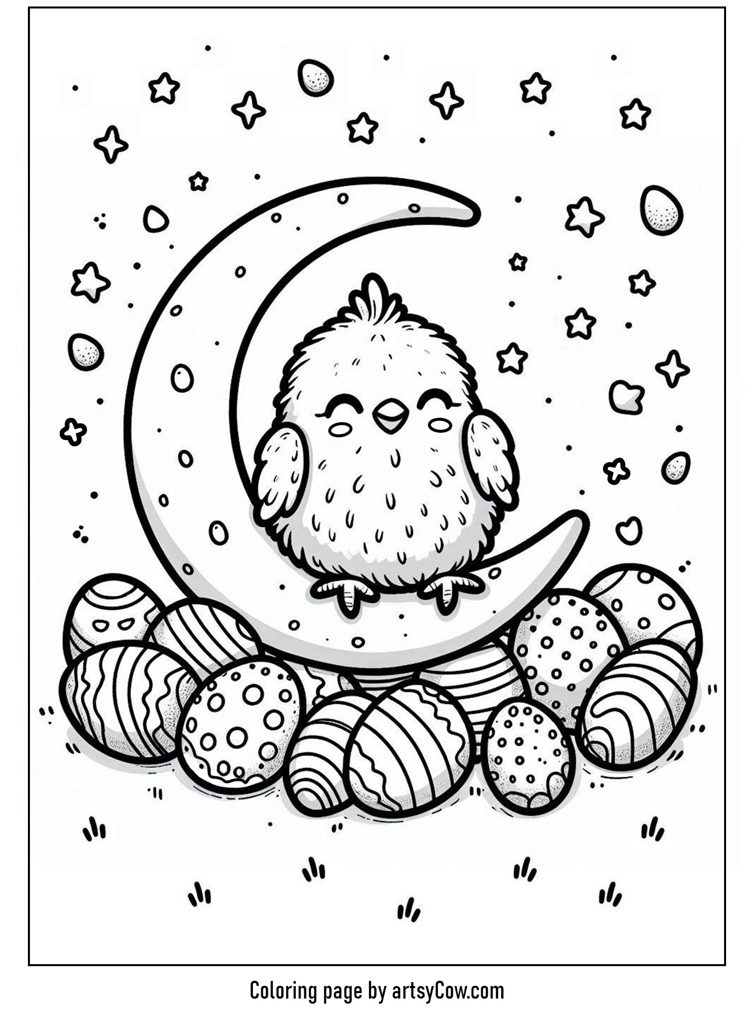 easter chick coloring pages featuring a cute chick sitting on a moon surrounded by decorated Easter eggs and stars.